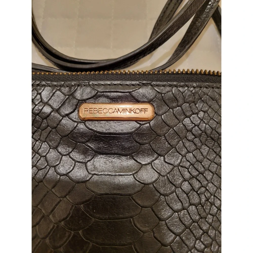 Rebecca Minkoff 3-Zipper Black Snake Embossed Crossbody Leather Bag Moto Goth